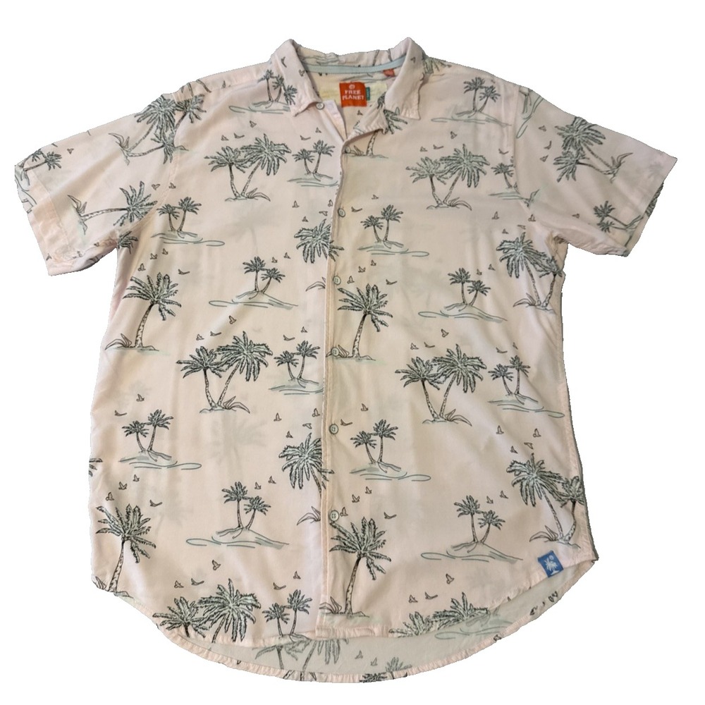 Free Planet Pink Tropical Button Up Shirt Men's XL Hawaii Island Travel Rayon
